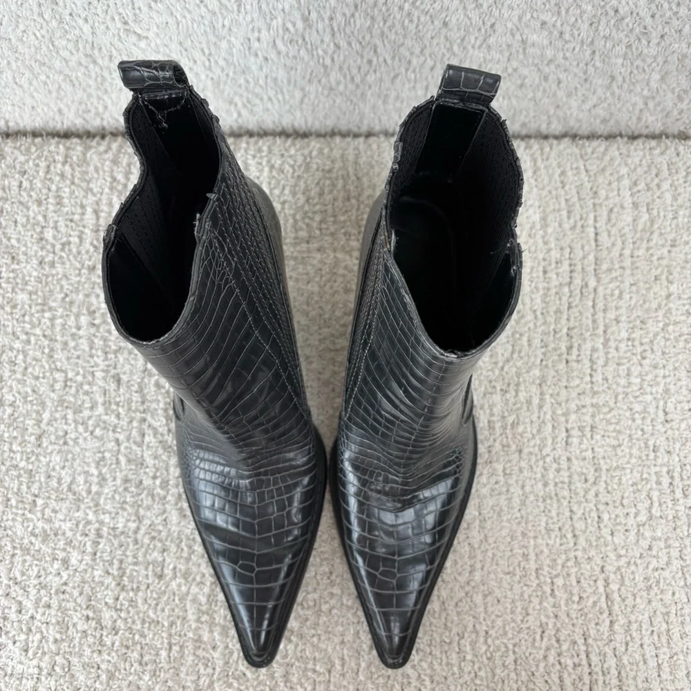 Zara Boots‎ Womens 36 US 6 Black Animal Print Cowboy Block Heeled Ankle Pull On